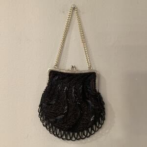 Vintage Handbag Purse in Brown Material With Beautiful Black Beading. Preloved.